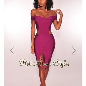 Berry Bandage Off Shoulder Cut Out Dress